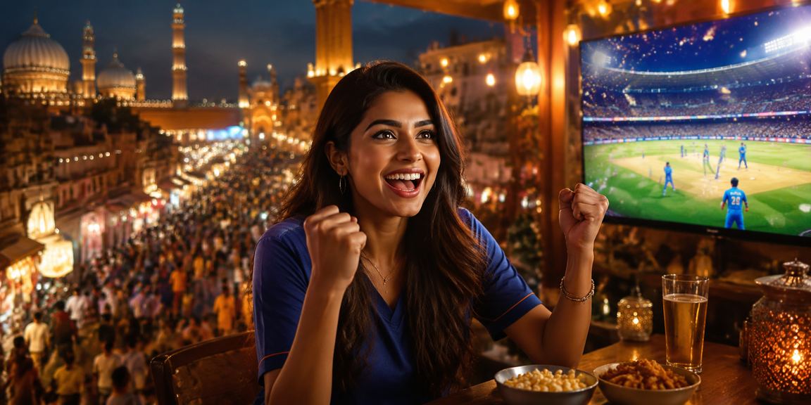 Indian woman enjoying cricket betting on mobile device at home